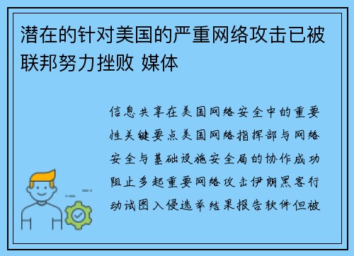 潜在的针对美国的严重网络攻击已被联邦努力挫败 媒体